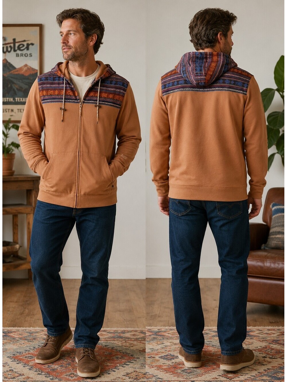 Howler Bros Shaman Hoodie Jacket Mens L Orange Zip Aztec Outdoors Woven Jacquard